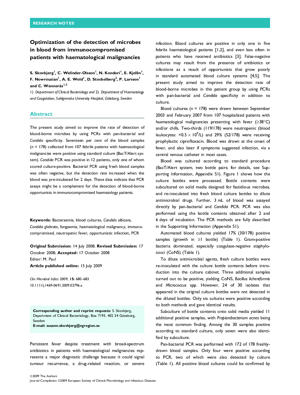 Optimization of the detection of microbes in blood from immunocompromised patients with haematological malignancies 