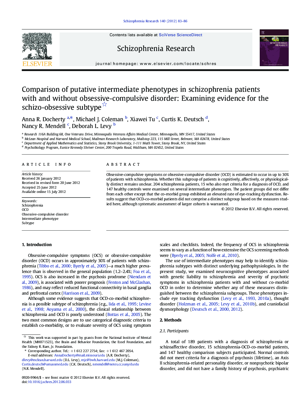 Comparison of putative intermediate phenotypes in schizophrenia patients with and without obsessive-compulsive disorder: Examining evidence for the schizo-obsessive subtype 