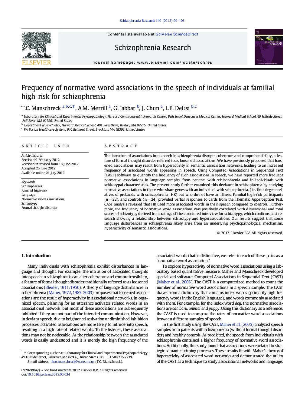 Frequency of normative word associations in the speech of individuals at familial high-risk for schizophrenia