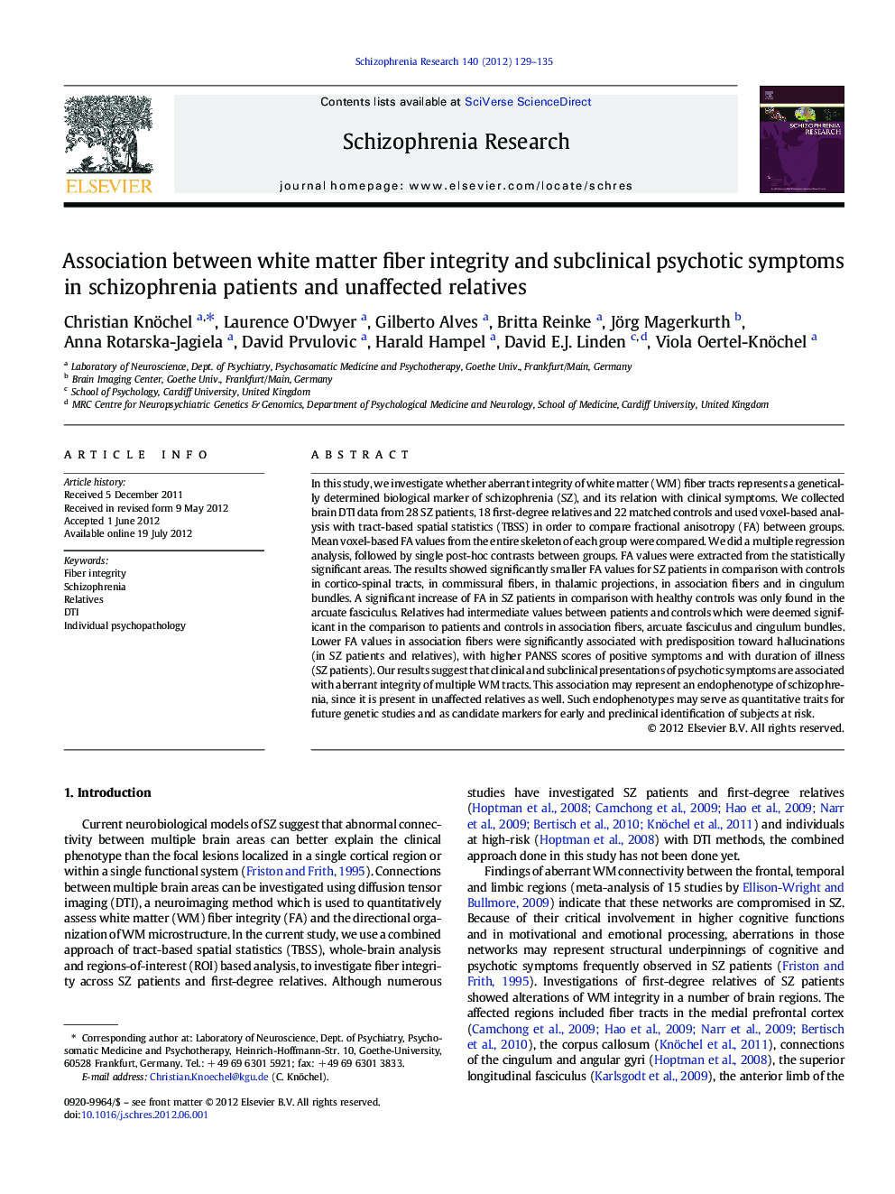 Association between white matter fiber integrity and subclinical psychotic symptoms in schizophrenia patients and unaffected relatives