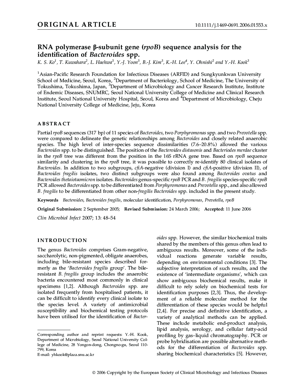 RNA polymerase β-subunit gene (rpoB) sequence analysis for the identification of Bacteroides spp.