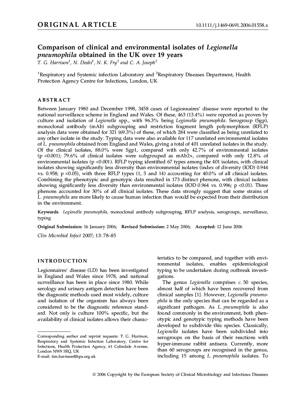 Comparison of clinical and environmental isolates of Legionella pneumophila obtained in the UK over 19 years