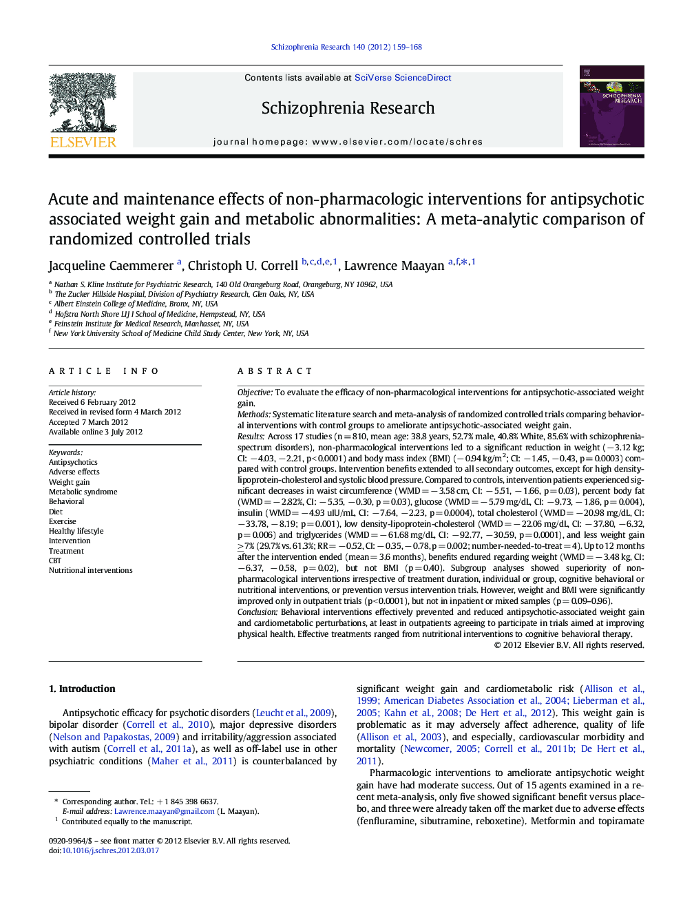 Acute and maintenance effects of non-pharmacologic interventions for antipsychotic associated weight gain and metabolic abnormalities: A meta-analytic comparison of randomized controlled trials