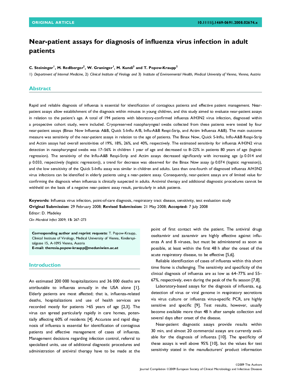 Near-patient assays for diagnosis of influenza virus infection in adult patients 