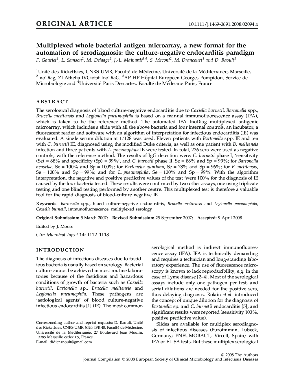 Multiplexed whole bacterial antigen microarray, a new format for the automation of serodiagnosis: the culture-negative endocarditis paradigm 