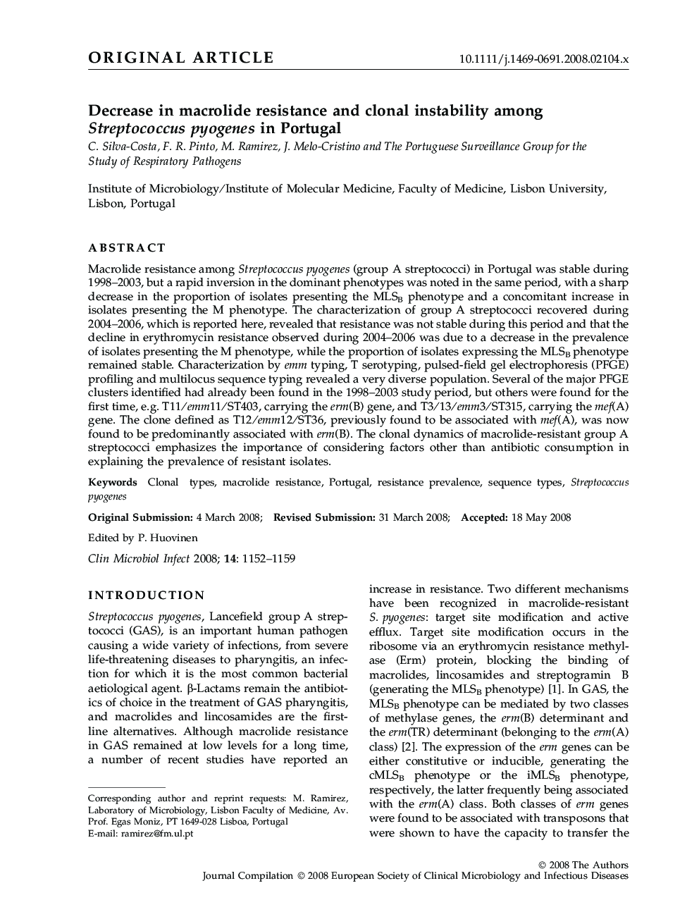 Decrease in macrolide resistance and clonal instability among Streptococcus pyogenes in Portugal 