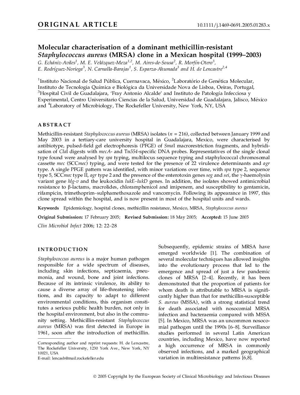 Molecular characterisation of a dominant methicillin-resistant Staphylococcus aureus (MRSA) clone in a Mexican hospital (1999–2003)