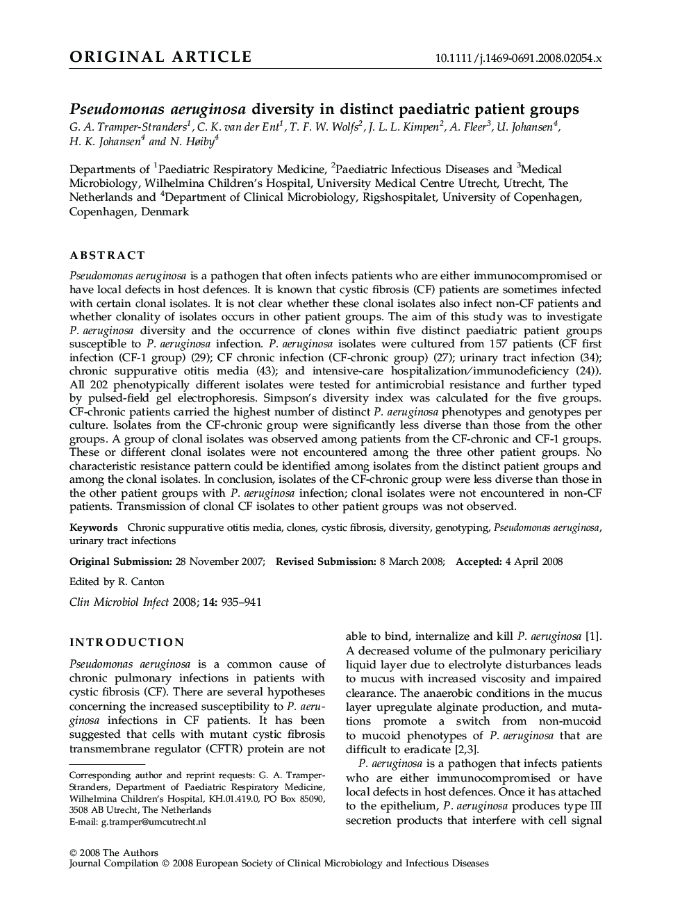 Pseudomonas aeruginosa diversity in distinct paediatric patient groups 