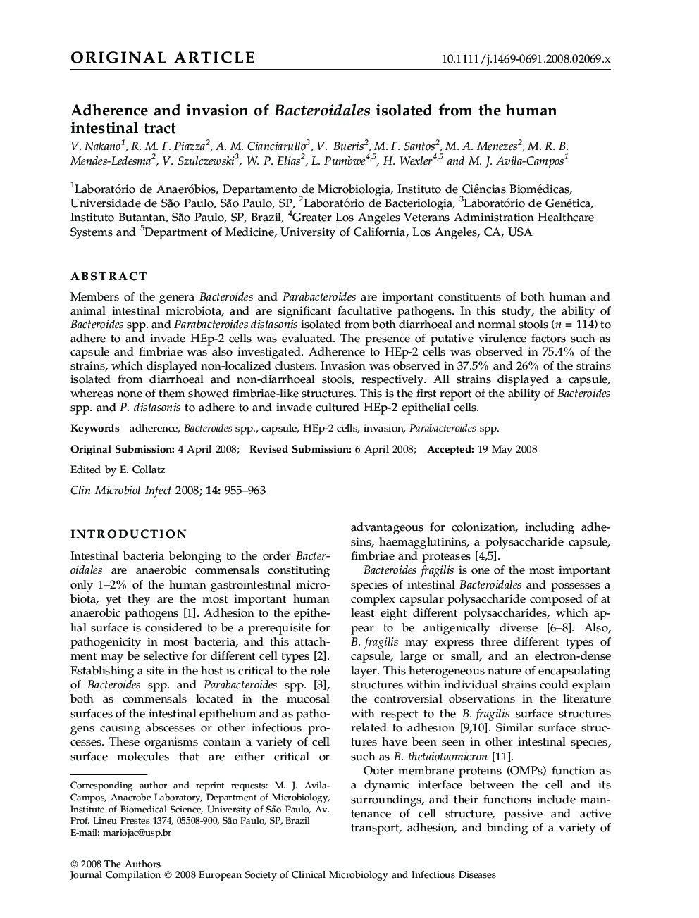 Adherence and invasion of Bacteroidales isolated from the human intestinal tract 