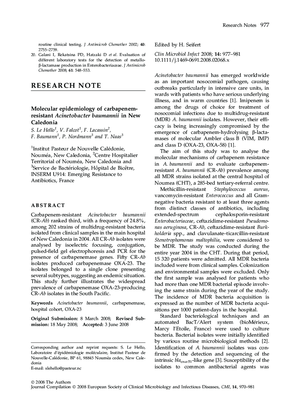 Molecular epidemiology of carbapenem-resistant Acinetobacter baumannii in New Caledonia 