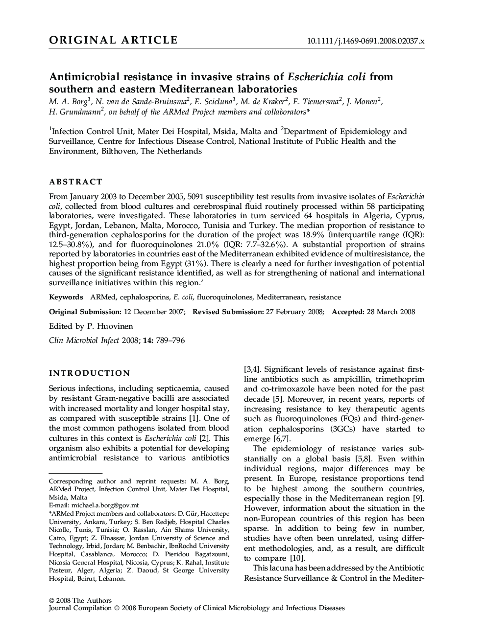 Antimicrobial resistance in invasive strains of Escherichia coli from southern and eastern Mediterranean laboratories 