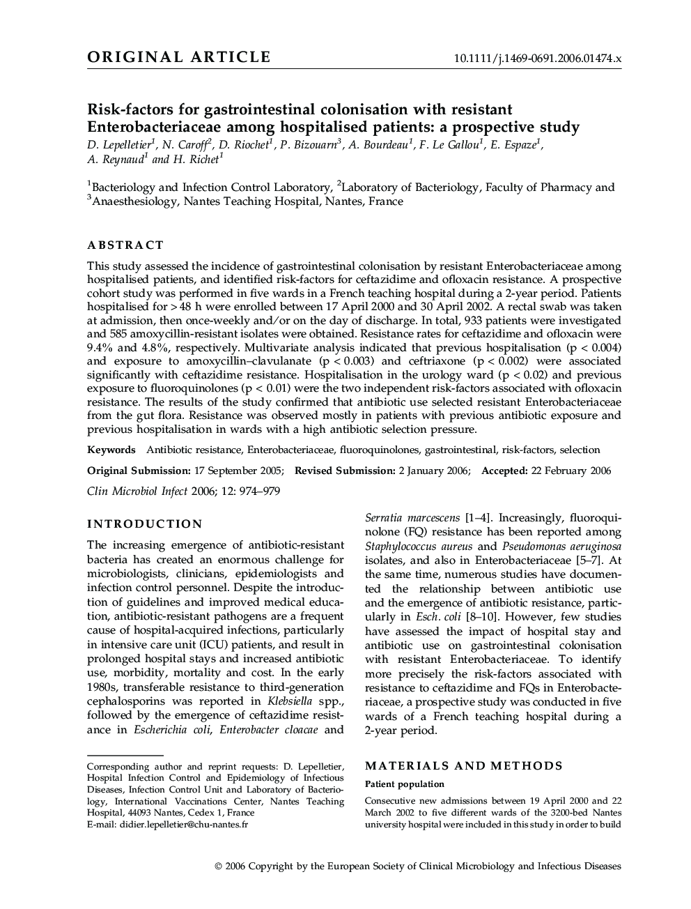 Risk-factors for gastrointestinal colonisation with resistant Enterobacteriaceae among hospitalised patients: a prospective study