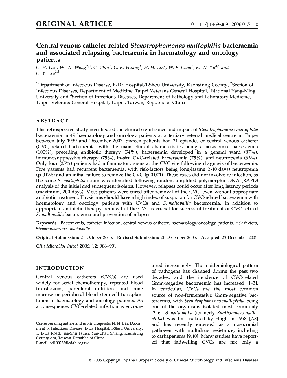 Central venous catheter-related Stenotrophomonas maltophilia bacteraemia and associated relapsing bacteraemia in haematology and oncology patients