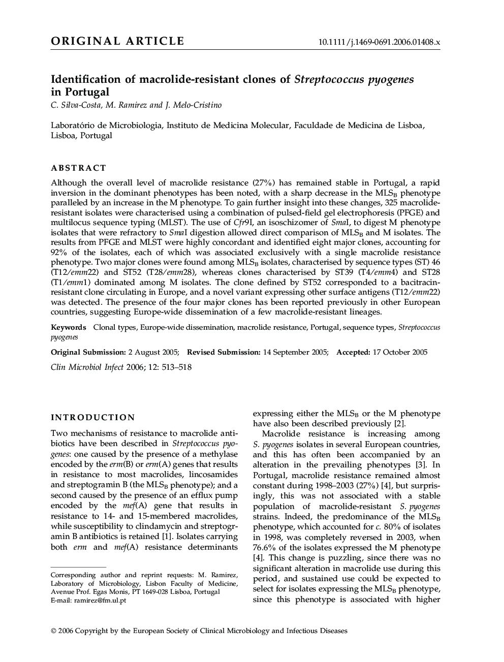 Identification of macrolide-resistant clones of Streptococcus pyogenes in Portugal