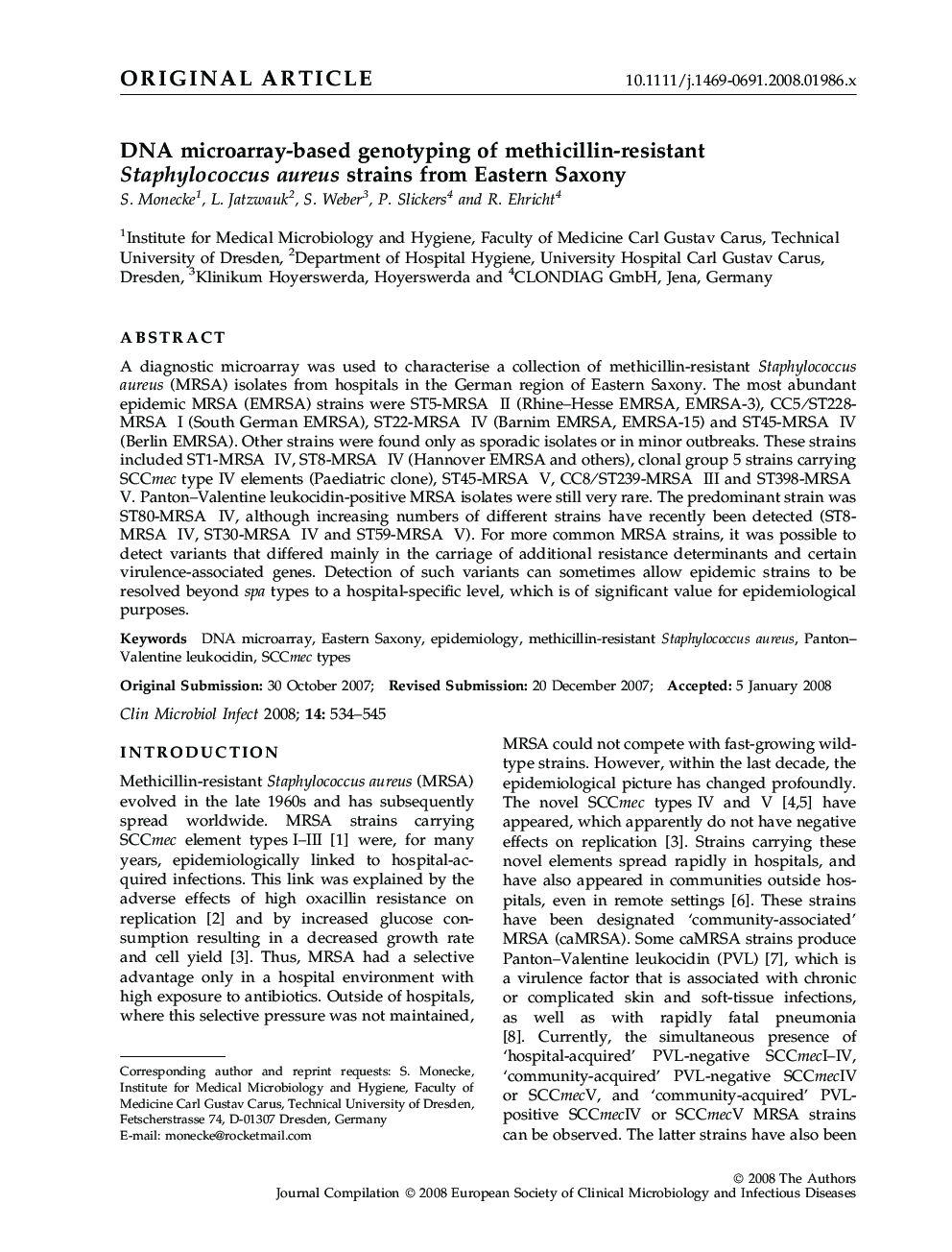 DNA microarray-based genotyping of methicillin-resistant Staphylococcus aureus strains from Eastern Saxony