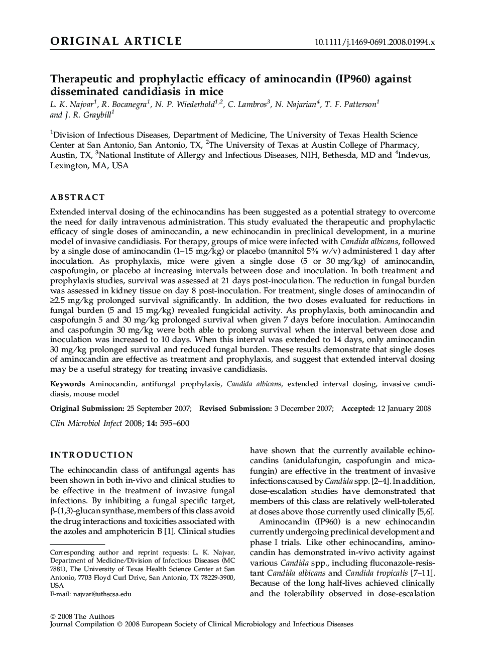 Therapeutic and prophylactic efficacy of aminocandin (IP960) against disseminated candidiasis in mice