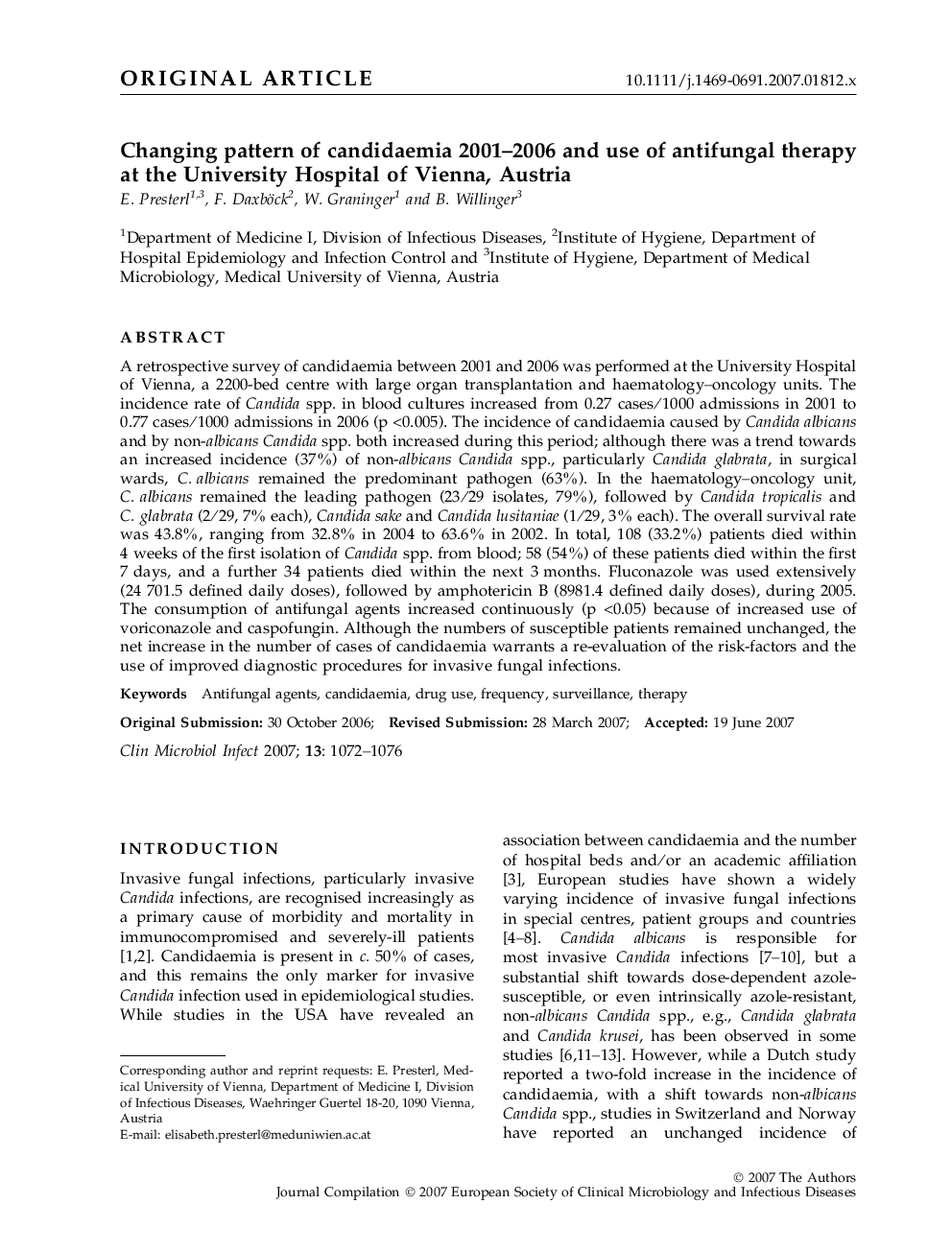 Changing pattern of candidaemia 2001–2006 and use of antifungal therapy at the University Hospital of Vienna, Austria