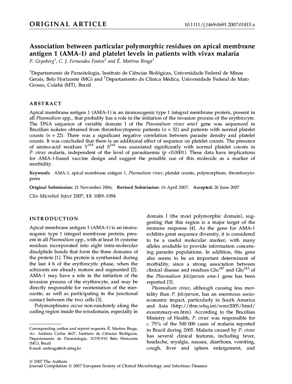 Association between particular polymorphic residues on apical membrane antigen 1 (AMA-1) and platelet levels in patients with vivax malaria