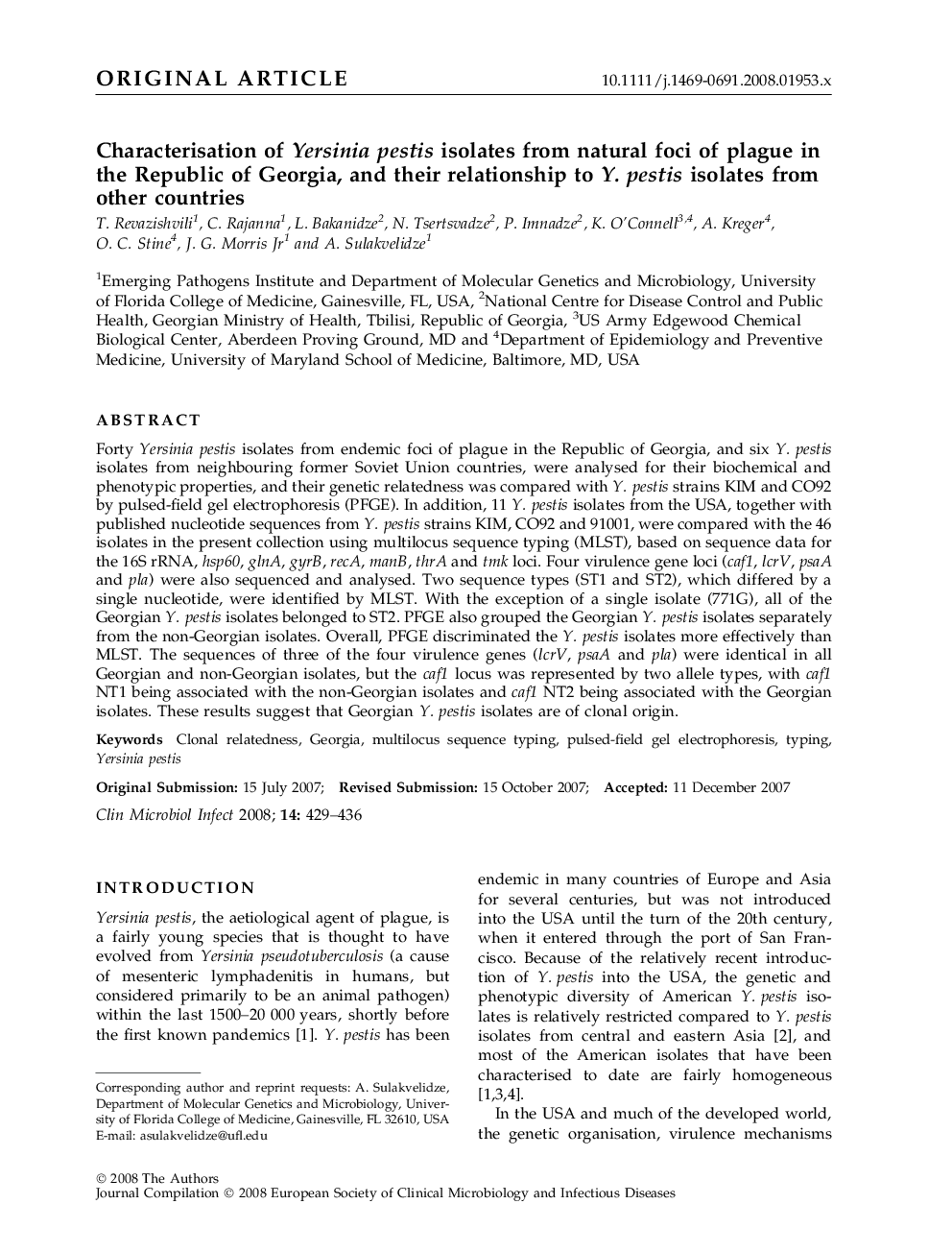 Characterisation of Yersinia pestis isolates from natural foci of plague in the Republic of Georgia, and their relationship to Y. pestis isolates from other countries