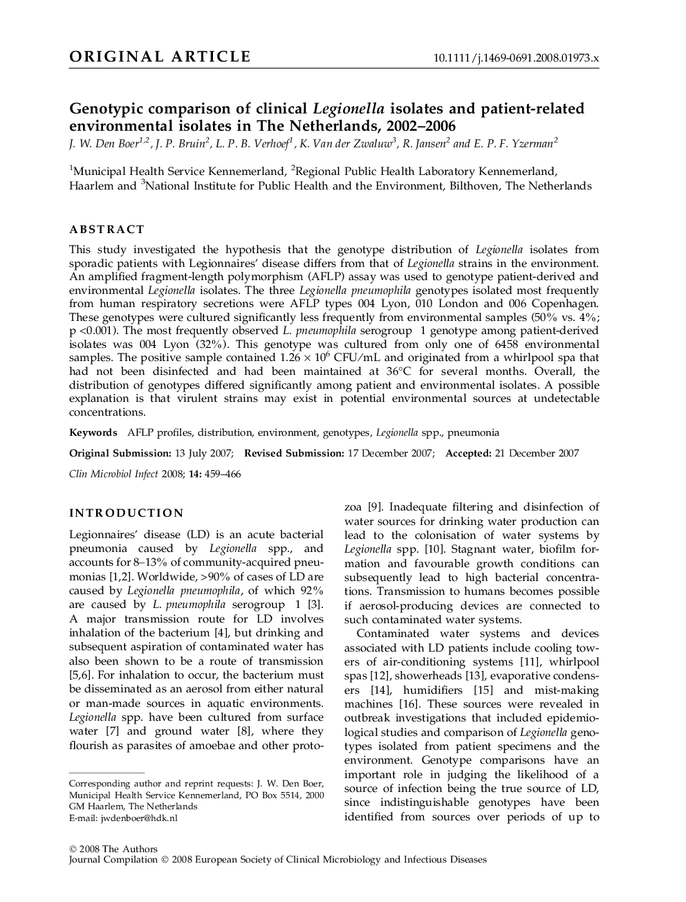 Genotypic comparison of clinical Legionella isolates and patient-related environmental isolates in The Netherlands, 2002–2006