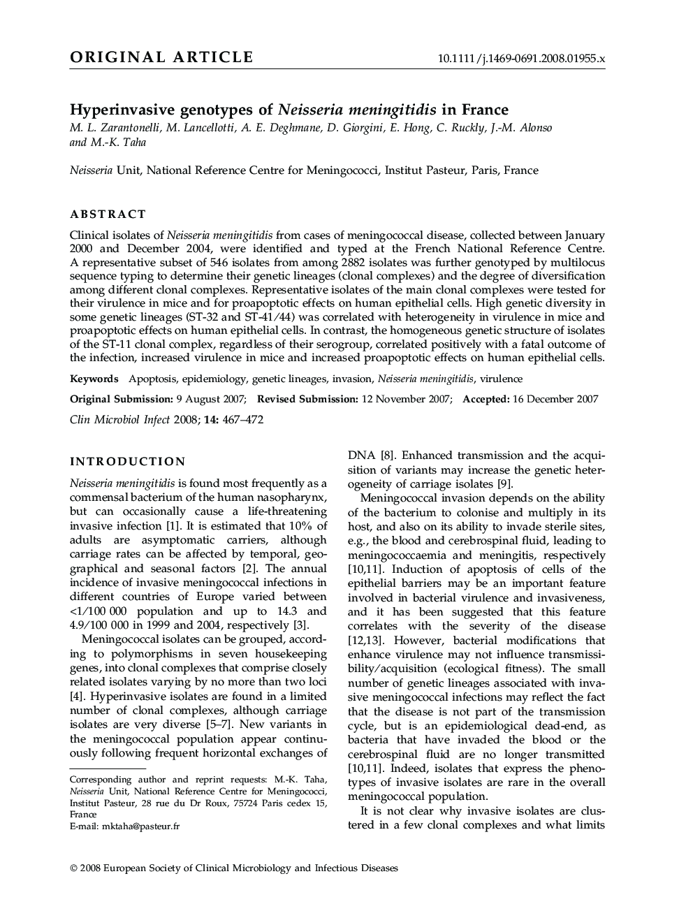 Hyperinvasive genotypes of Neisseria meningitidis in France