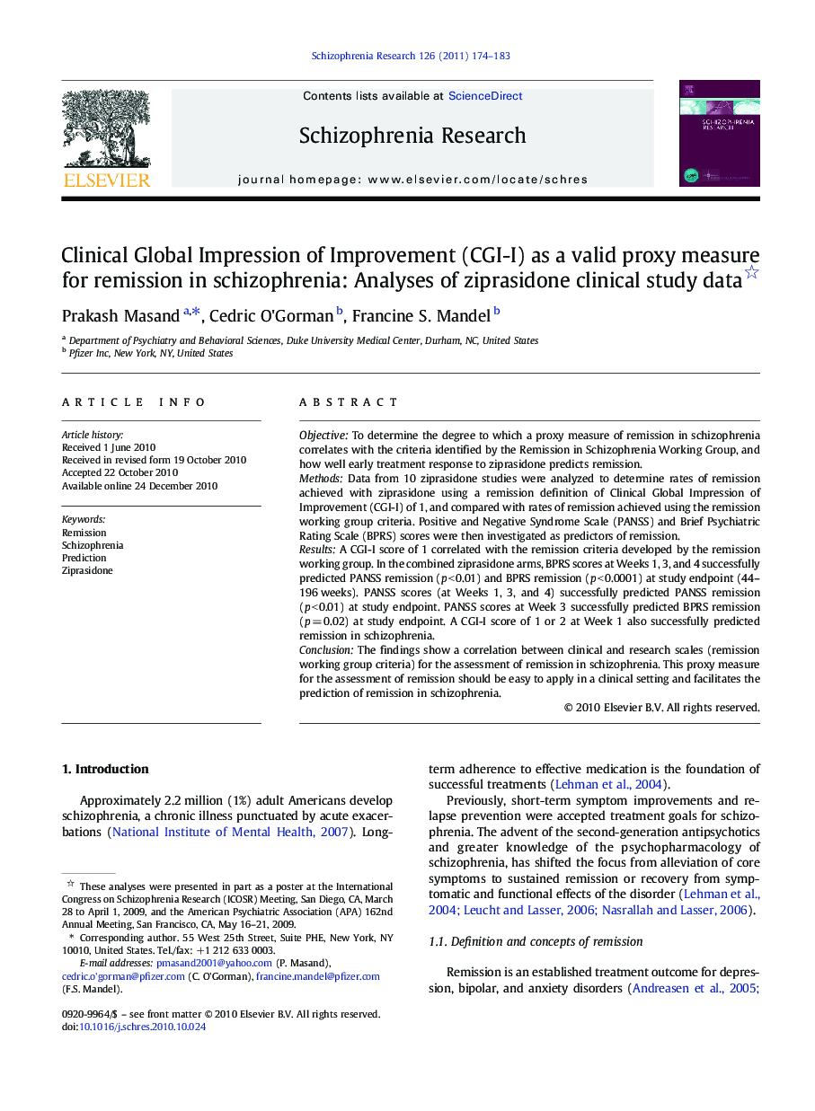 Clinical Global Impression of Improvement (CGI-I) as a valid proxy measure for remission in schizophrenia: Analyses of ziprasidone clinical study data 