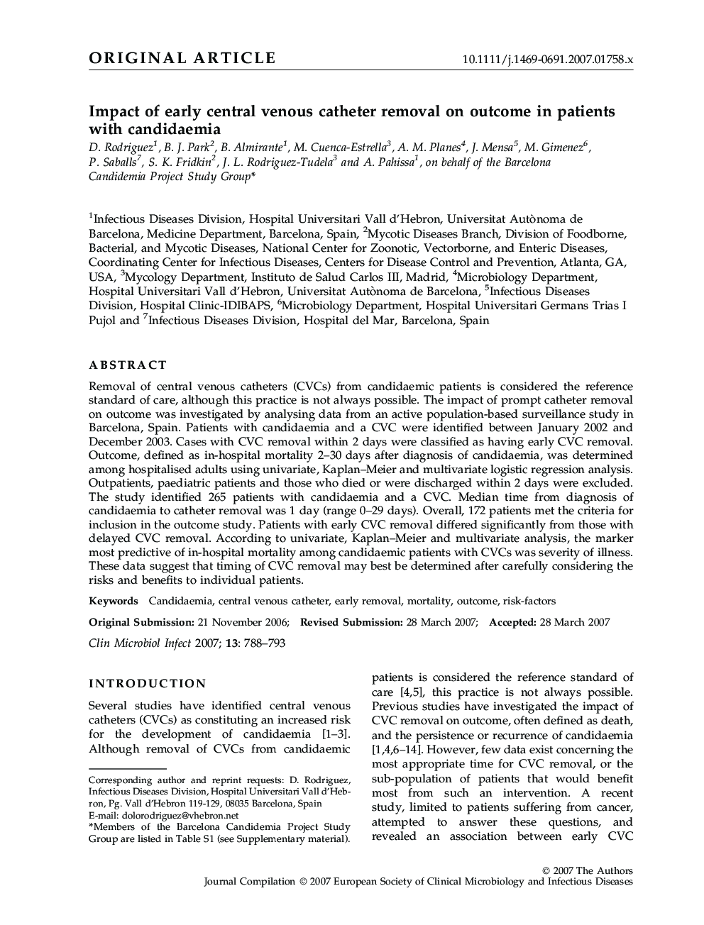 Impact of early central venous catheter removal on outcome in patients with candidaemia