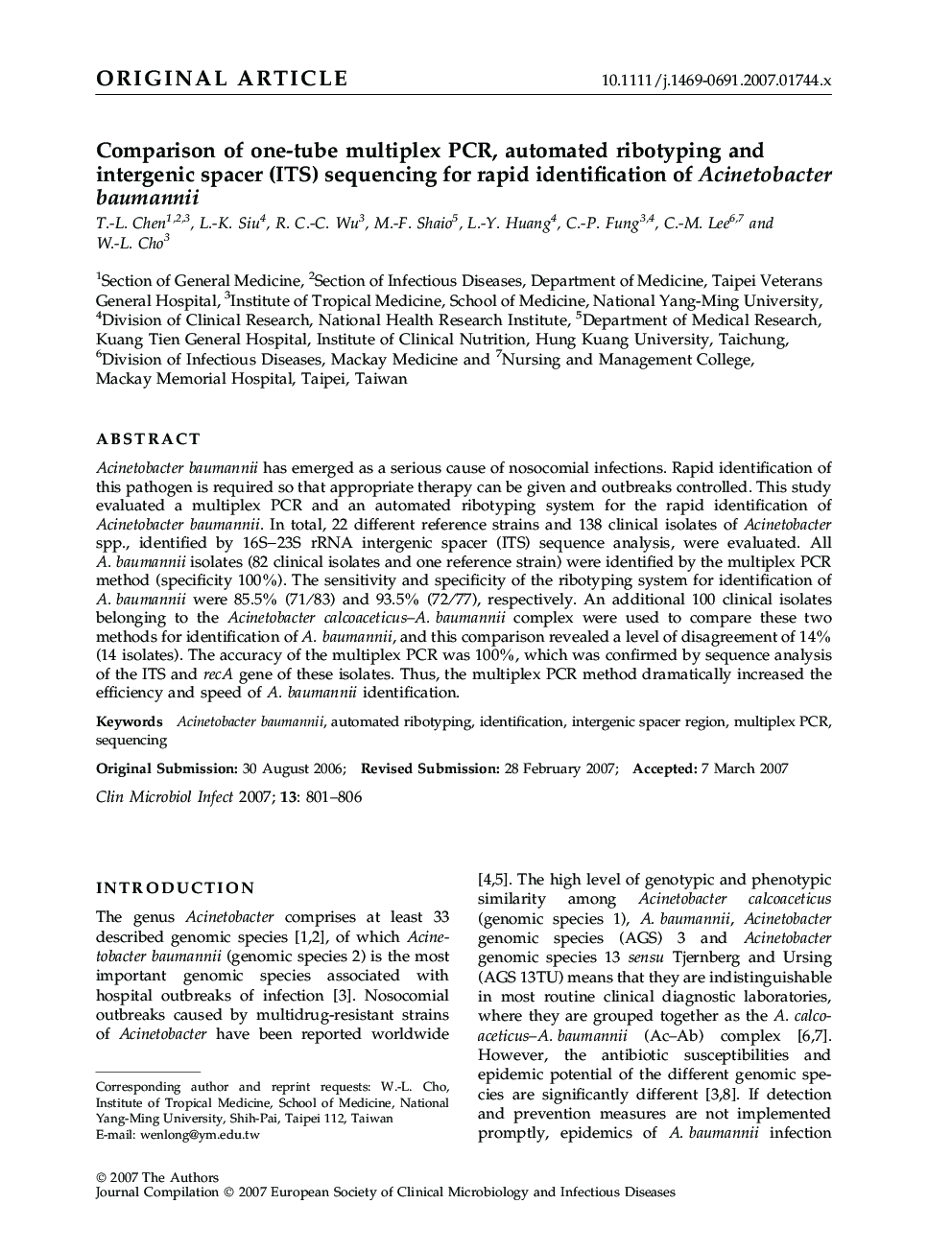 Comparison of one-tube multiplex PCR, automated ribotyping and intergenic spacer (ITS) sequencing for rapid identification of Acinetobacter baumannii