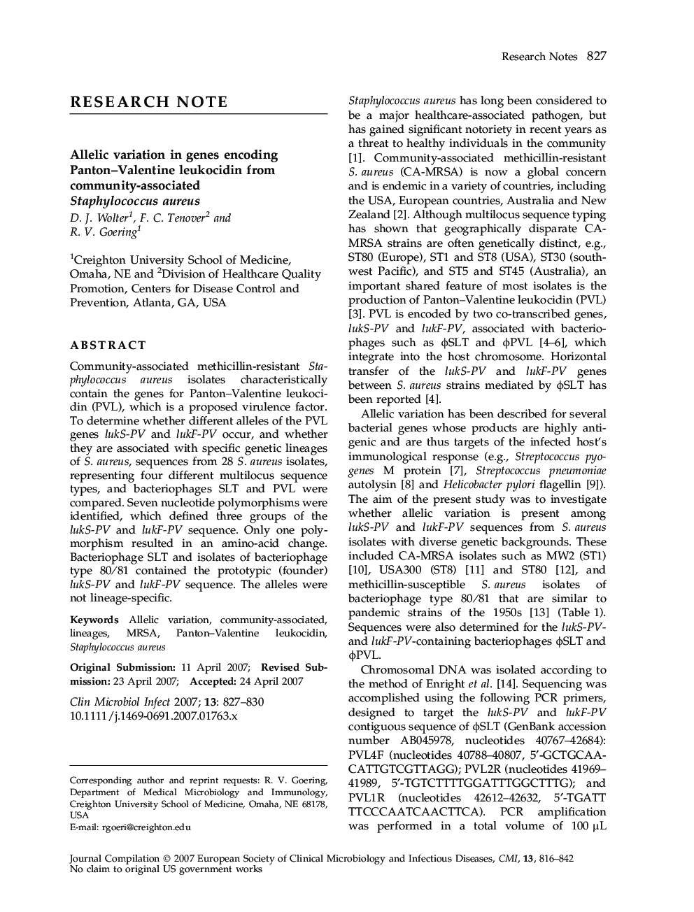 Allelic variation in genes encoding Panton–Valentine leukocidin from community-associated Staphylococcus aureus