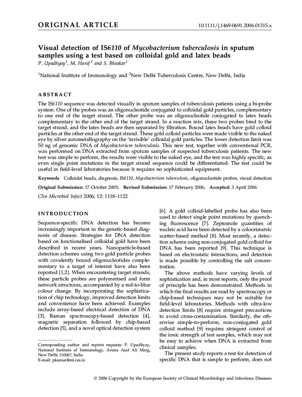 عکس صفحه اول مقاله: Visual detection of IS6110 of Mycobacterium tuberculosis in sputum samples using a test based on colloidal gold and latex beads Visual detection of IS6110 of Mycobacterium tuberculosis in sputum samples using a test based on colloidal gold and latex beads
