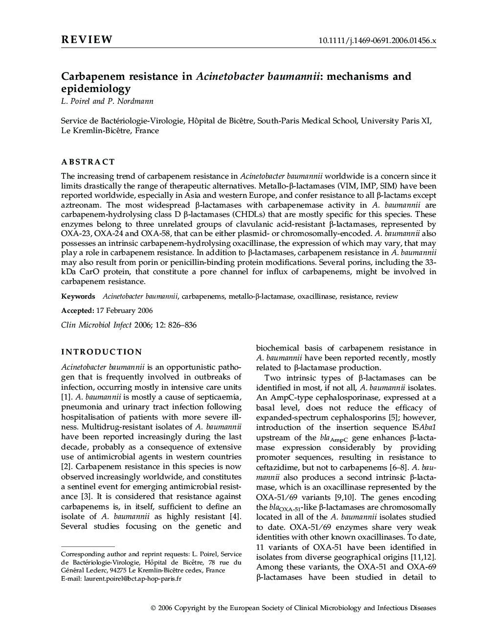 Carbapenem resistance in Acinetobacter baumannii: mechanisms and epidemiology 