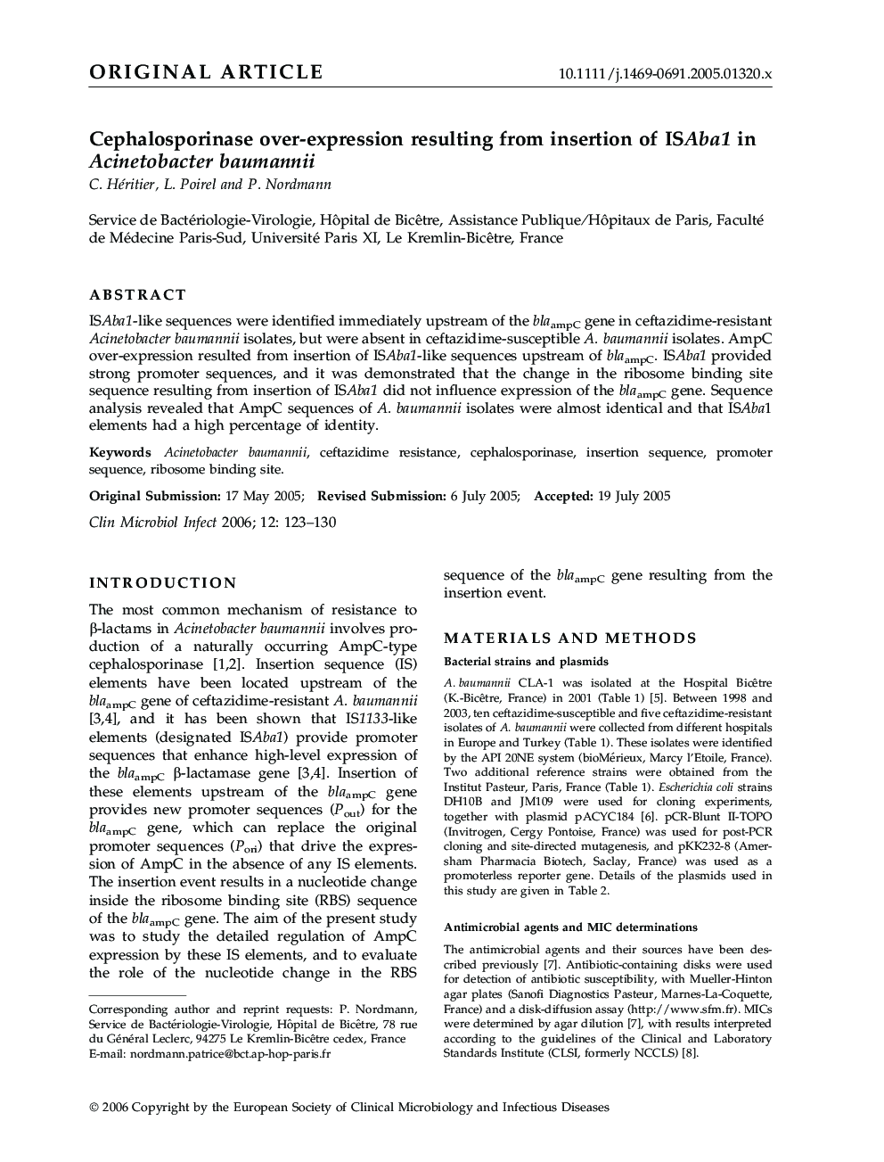 Cephalosporinase over-expression resulting from insertion of ISAba1 in Acinetobacter baumannii