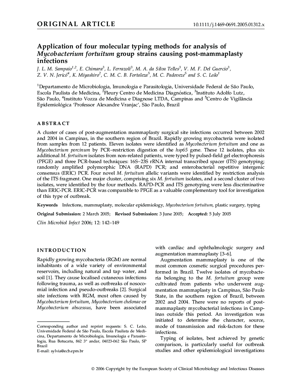 Application of four molecular typing methods for analysis of Mycobacterium fortuitum group strains causing post-mammaplasty infections