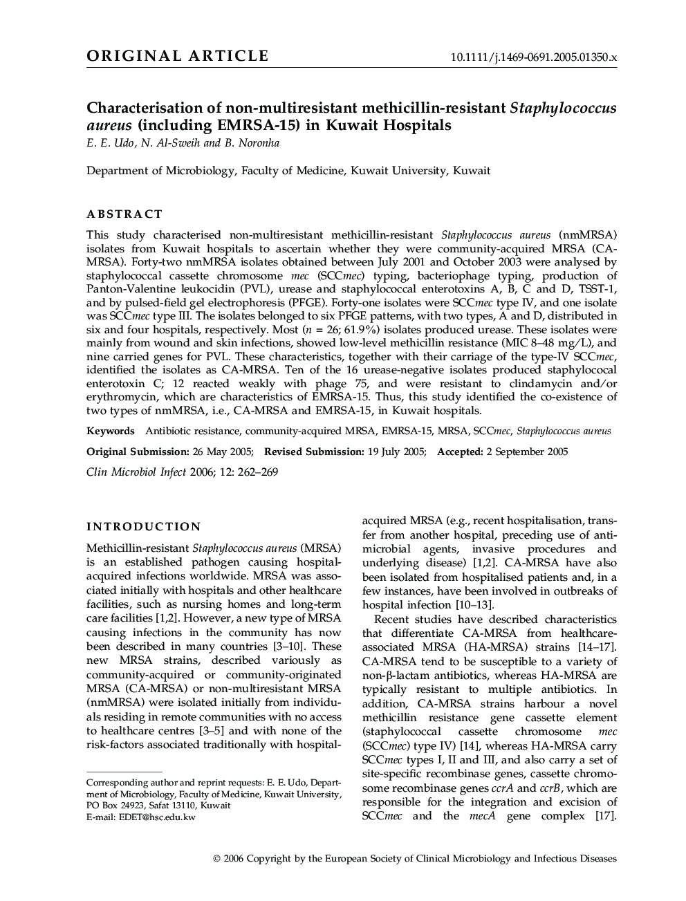 Characterisation of non-multiresistant methicillin-resistant Staphylococcus aureus (including EMRSA-15) in Kuwait Hospitals