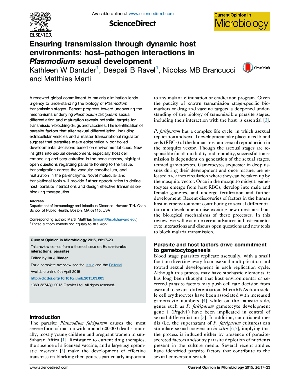 Ensuring transmission through dynamic host environments: host–pathogen interactions in Plasmodium sexual development