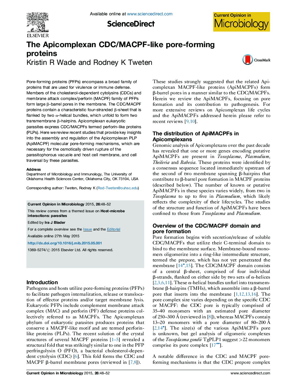 The Apicomplexan CDC/MACPF-like pore-forming proteins