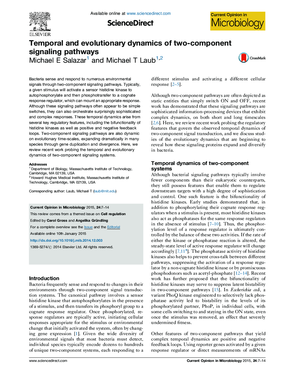 Temporal and evolutionary dynamics of two-component signaling pathways