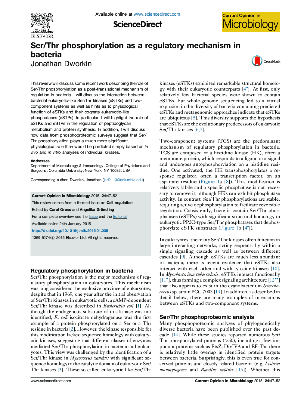 Ser/Thr phosphorylation as a regulatory mechanism in bacteria