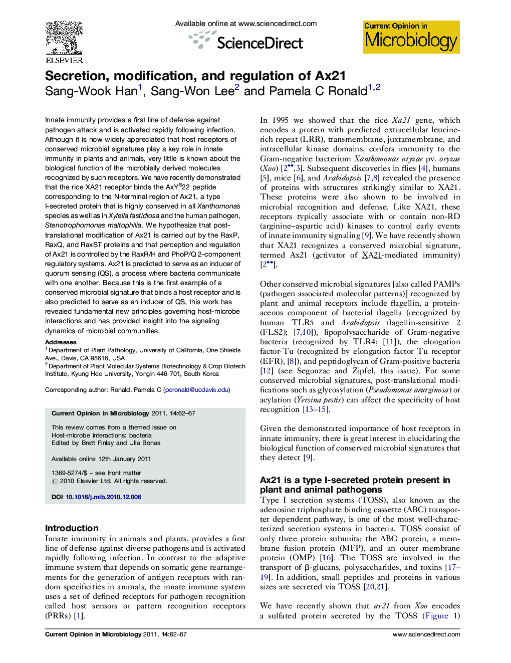 Secretion, modification, and regulation of Ax21