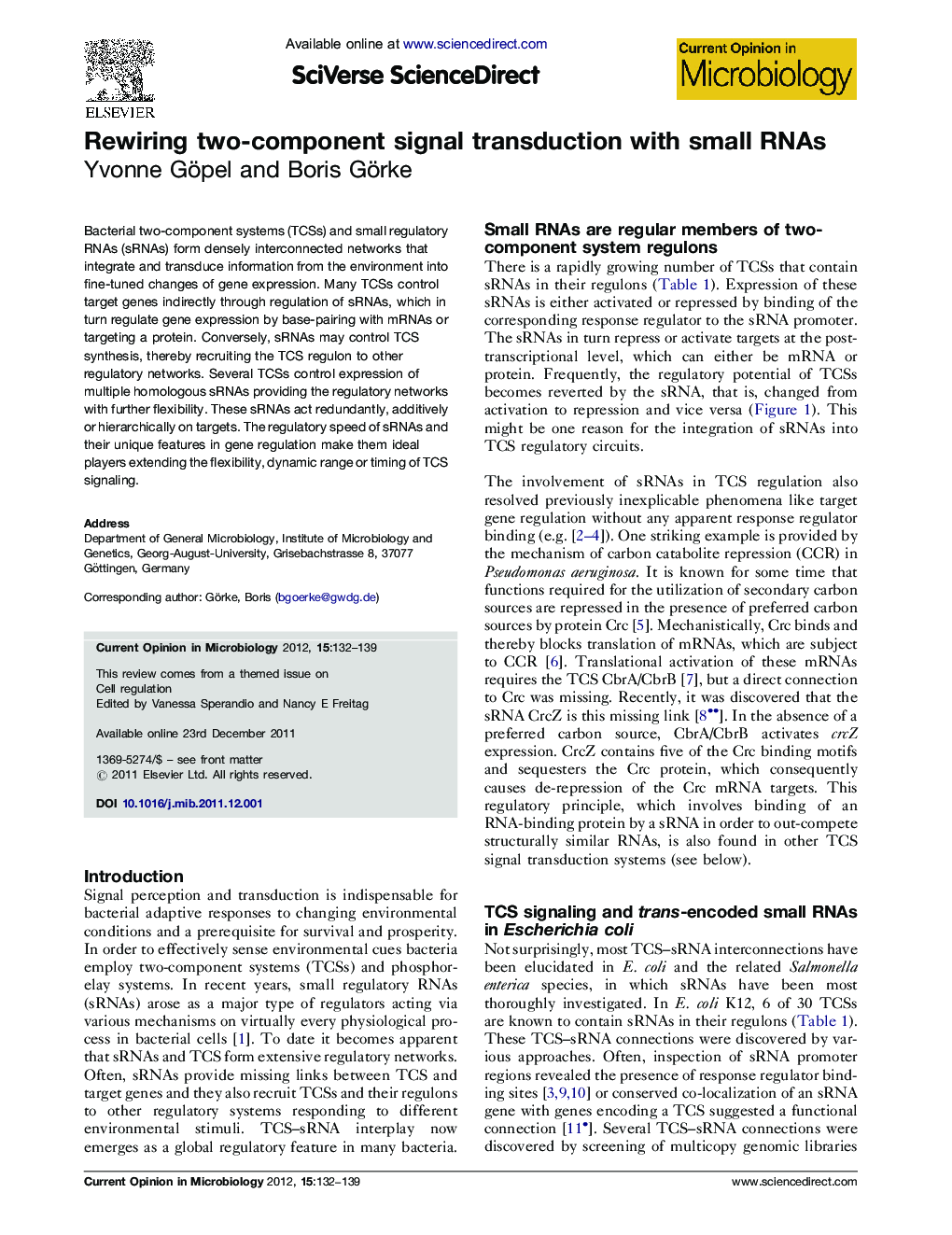 Rewiring two-component signal transduction with small RNAs