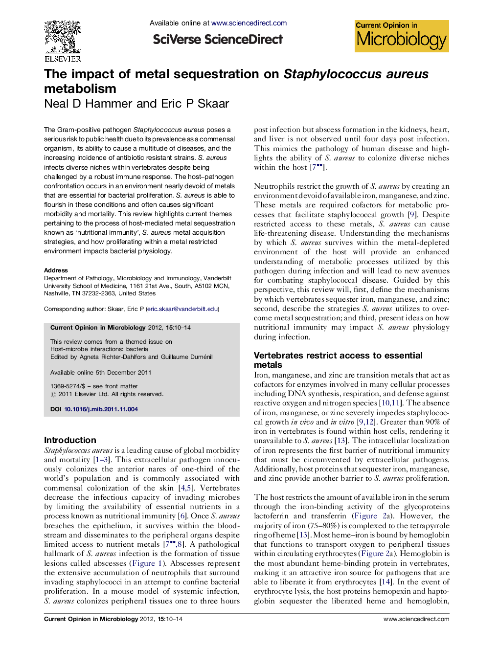 The impact of metal sequestration on Staphylococcus aureus metabolism