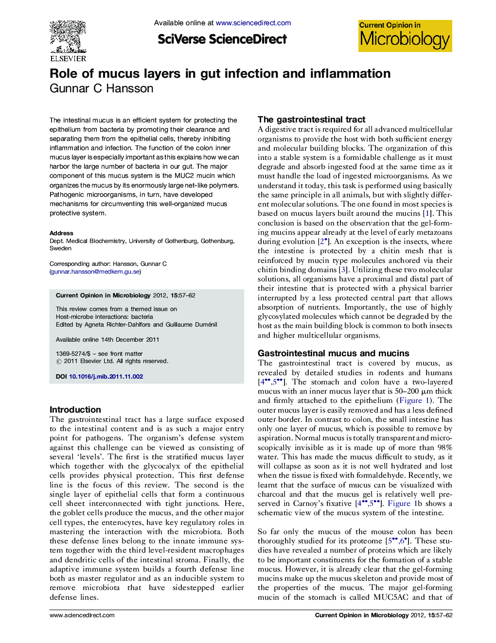 Role of mucus layers in gut infection and inflammation