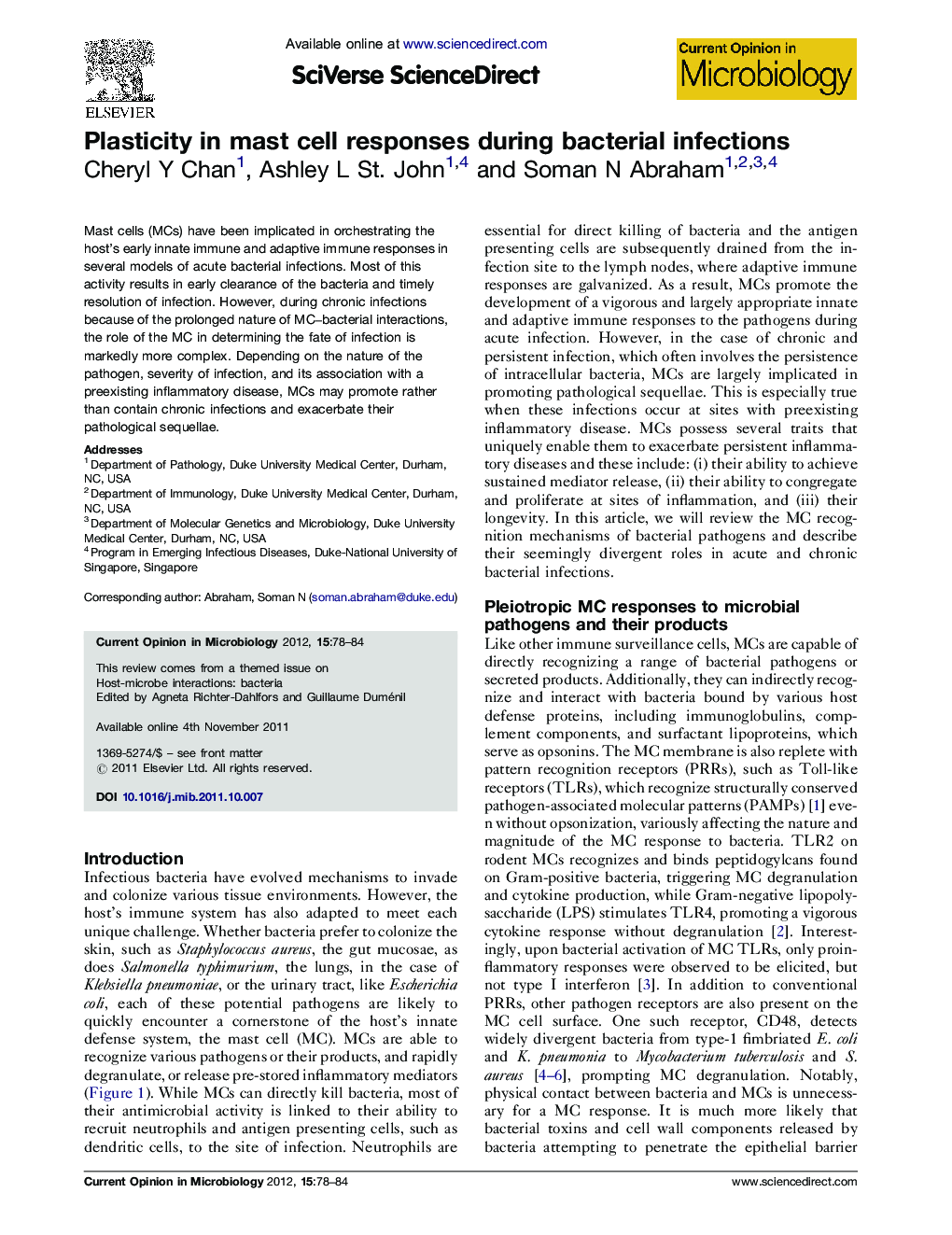 Plasticity in mast cell responses during bacterial infections