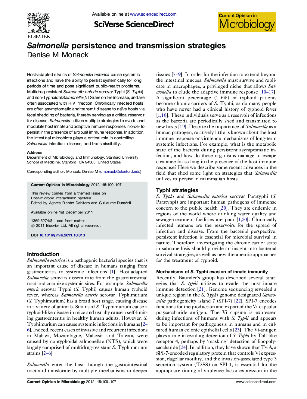 Salmonella persistence and transmission strategies