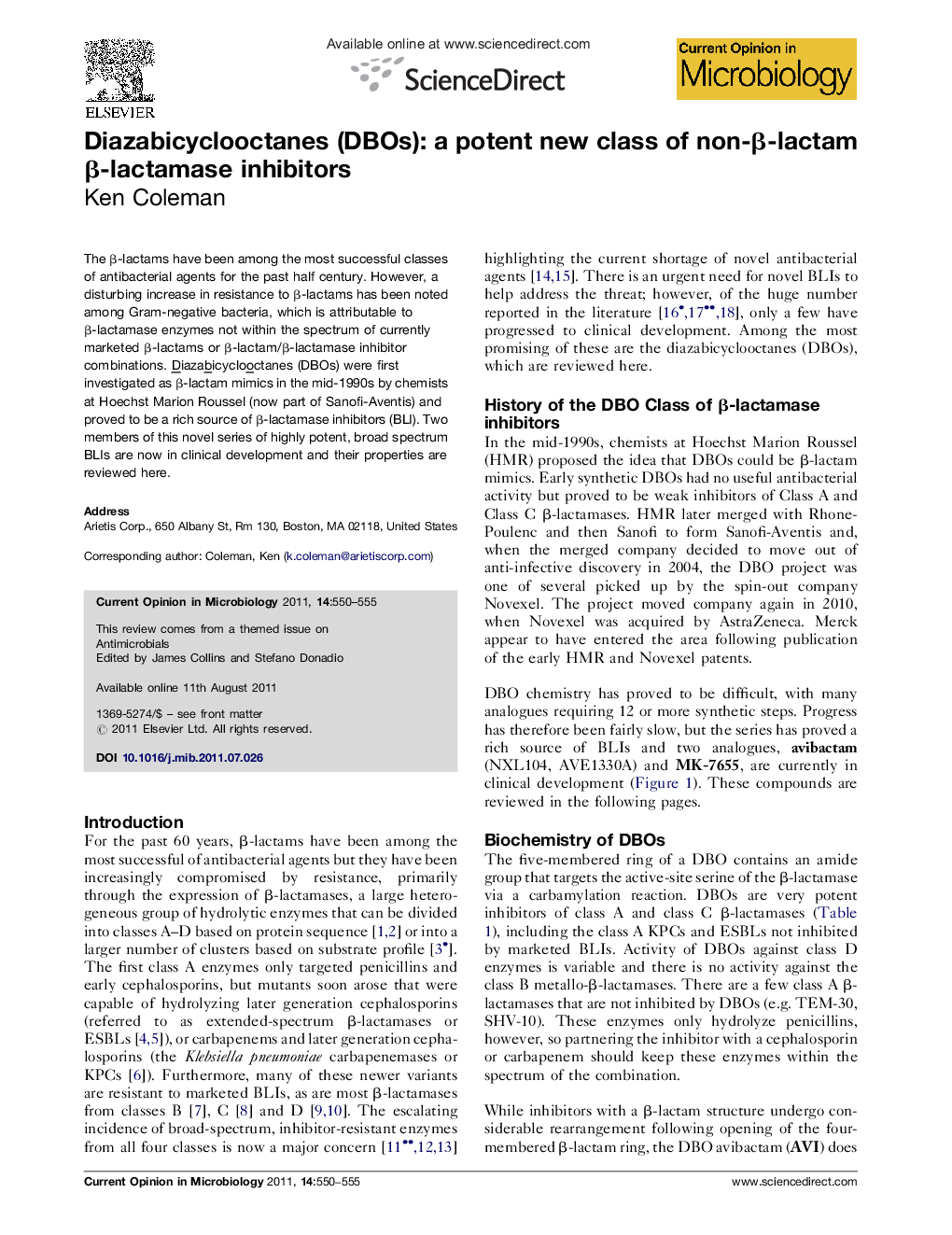 Diazabicyclooctanes (DBOs): a potent new class of non-β-lactam β-lactamase inhibitors