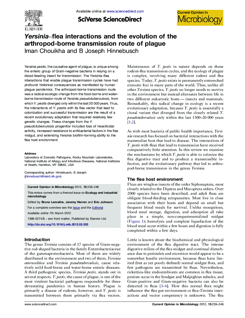 Yersinia–flea interactions and the evolution of the arthropod-borne transmission route of plague