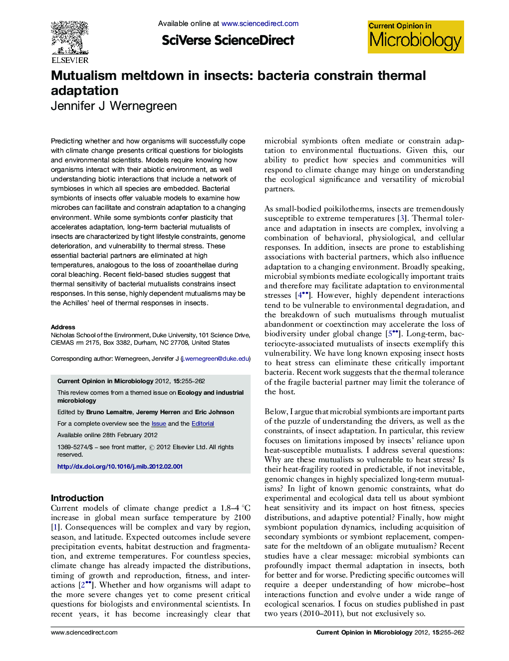 Mutualism meltdown in insects: bacteria constrain thermal adaptation