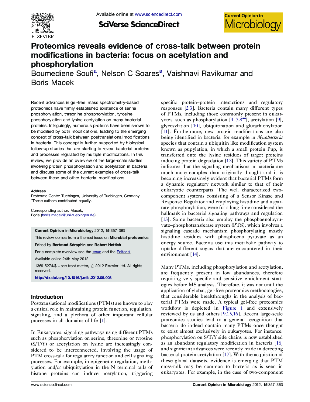 Proteomics reveals evidence of cross-talk between protein modifications in bacteria: focus on acetylation and phosphorylation