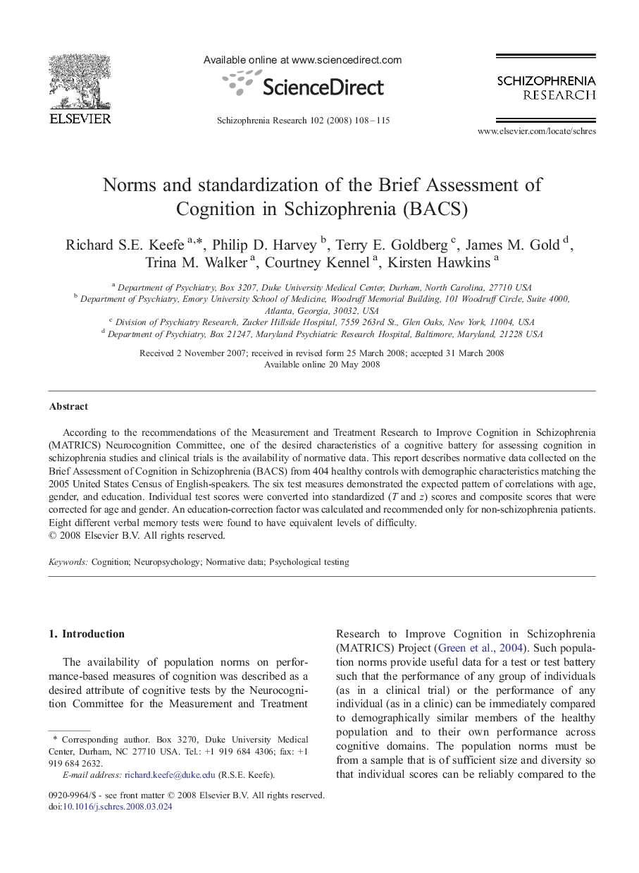 Norms and standardization of the Brief Assessment of Cognition in Schizophrenia (BACS)