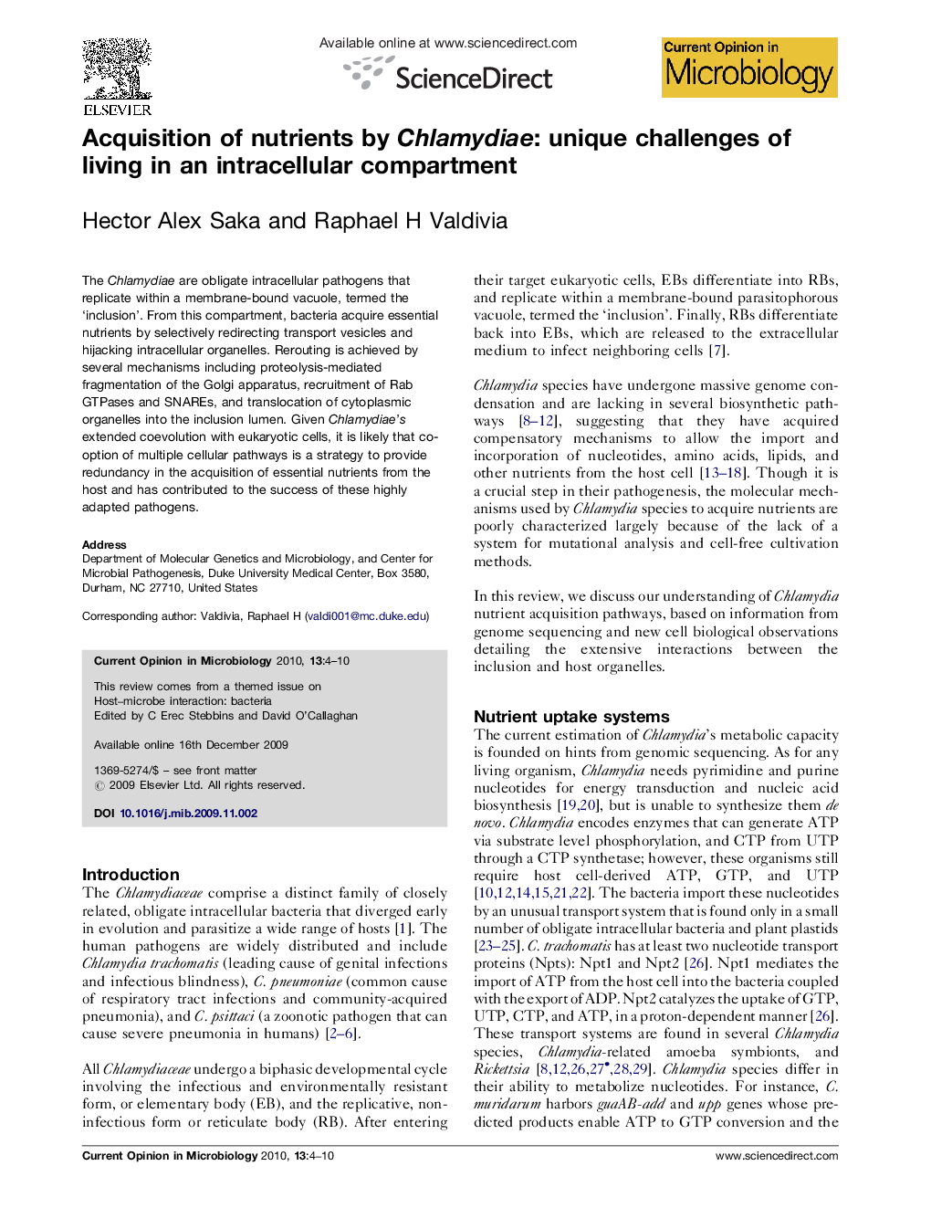 Acquisition of nutrients by Chlamydiae: unique challenges of living in an intracellular compartment